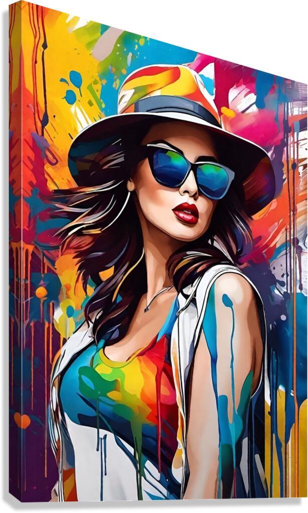 Pop-art portrait print of woman in hat and blue sunglasses with paint splashes