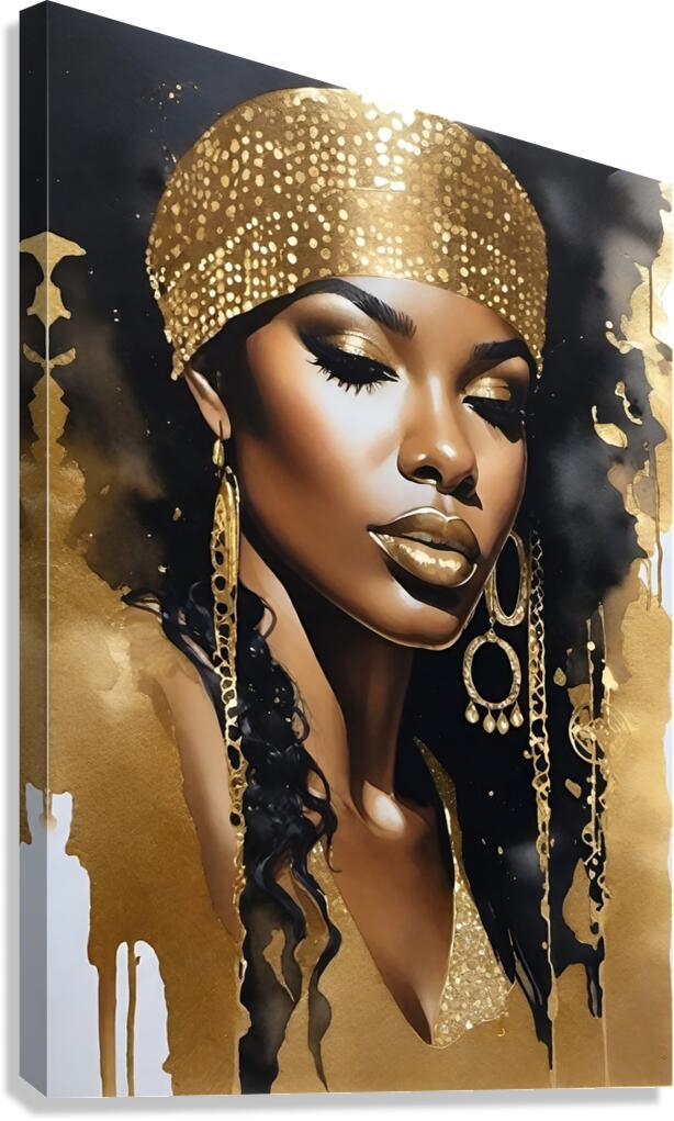 Gold and black portrait canvas print of woman in a gold headwrap and earrings