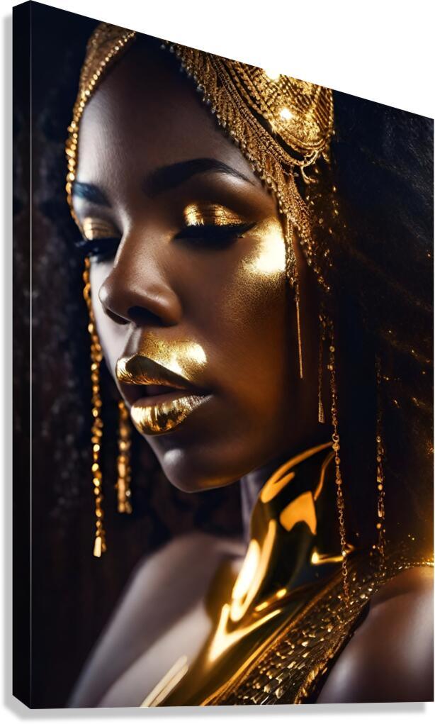 Gold and black portrait artwork of a woman with gold makeup and braided headpieces