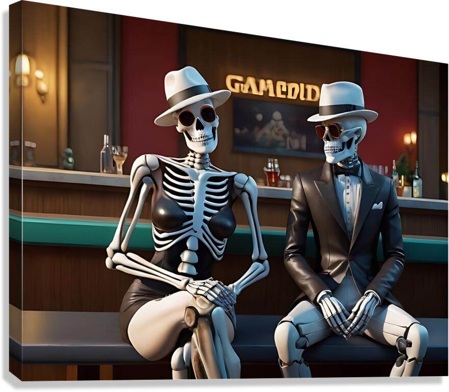 Skeleton duo wall art: two seated skull figures in hats, one in suit, one in striped shirt.