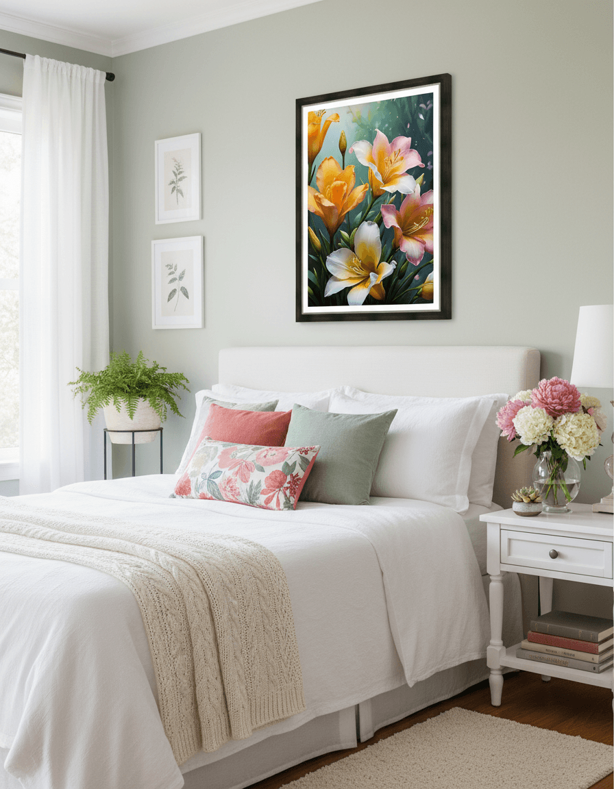 Black-framed floral print featuring orange, pink, and white tulips and lilies