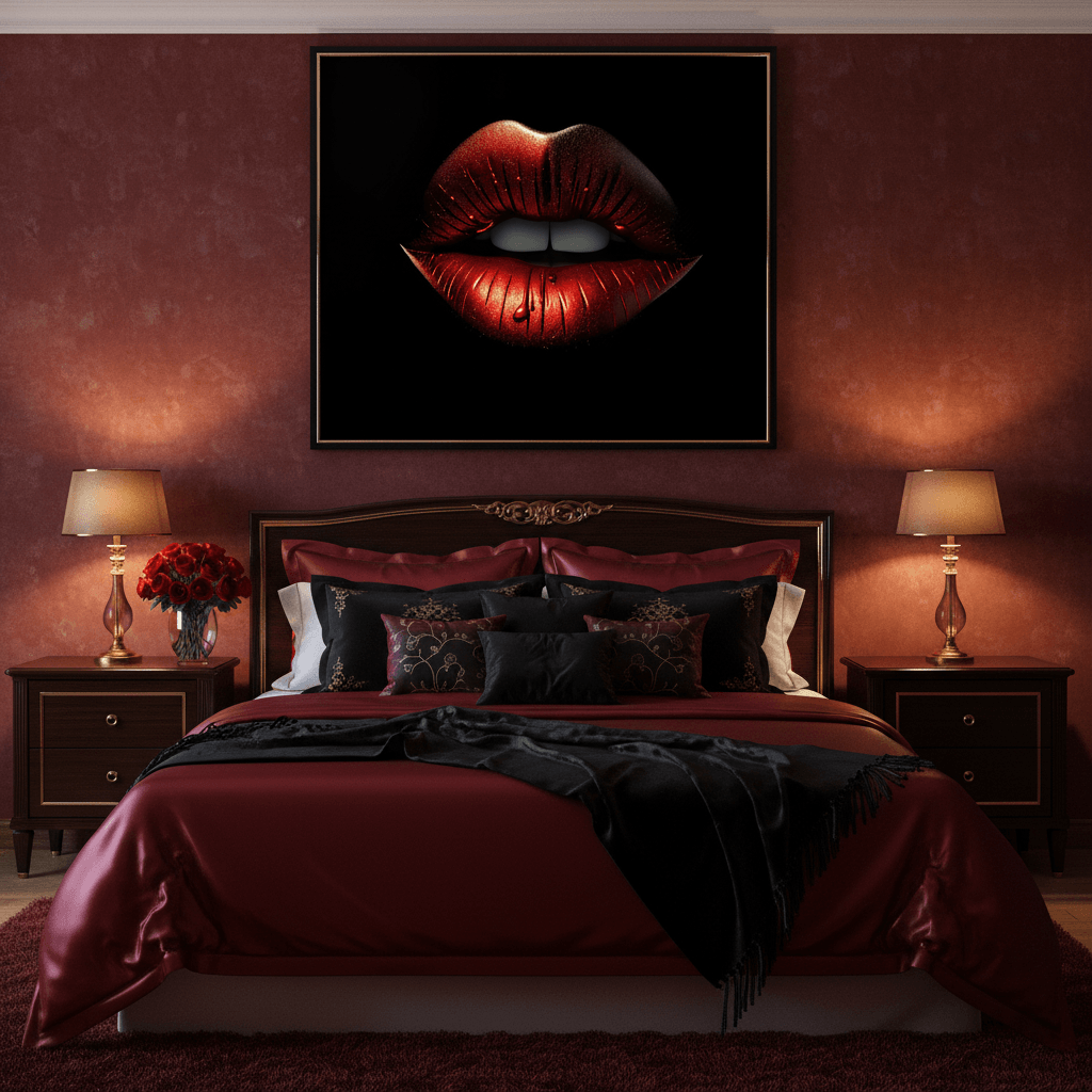 Framed red metallic lips artwork centered on black background with subtle glitter