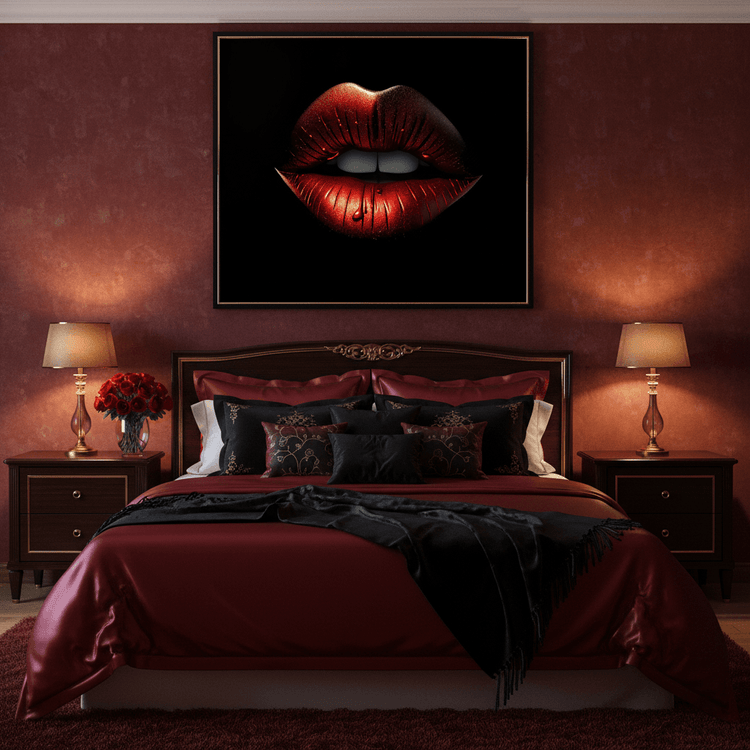 Framed red metallic lips artwork centered on black background with subtle glitter
