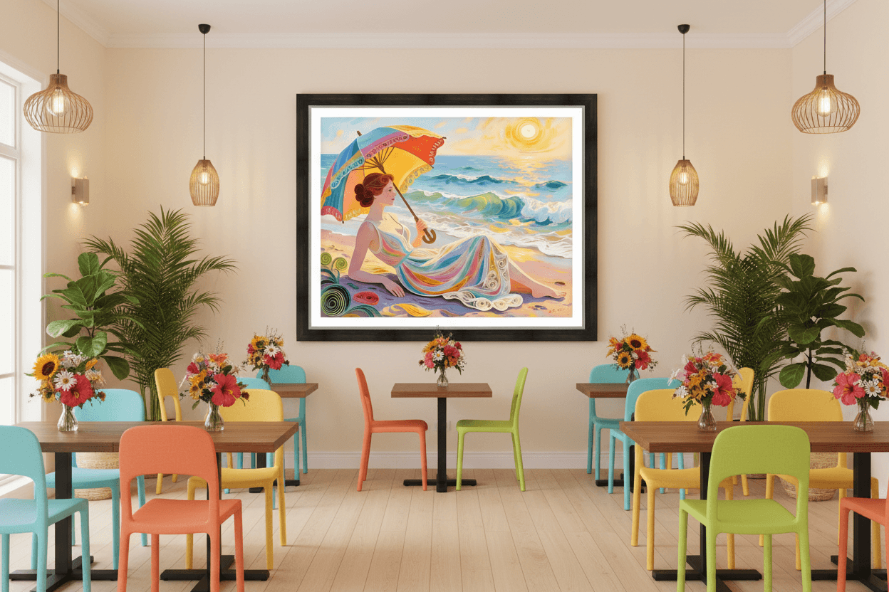 Framed beachwoman art print on a wall, depicting a seated woman with a colorful umbrella.