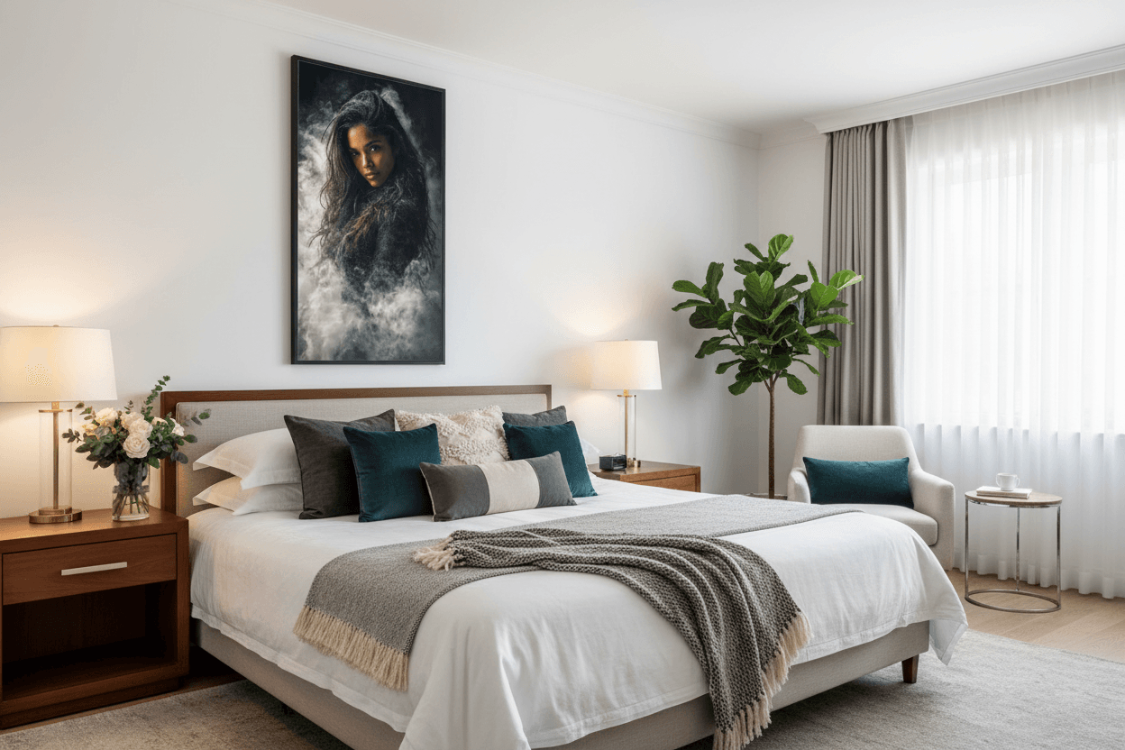 Framed wall art portrait of a woman with long dark hair and smoky backdrop