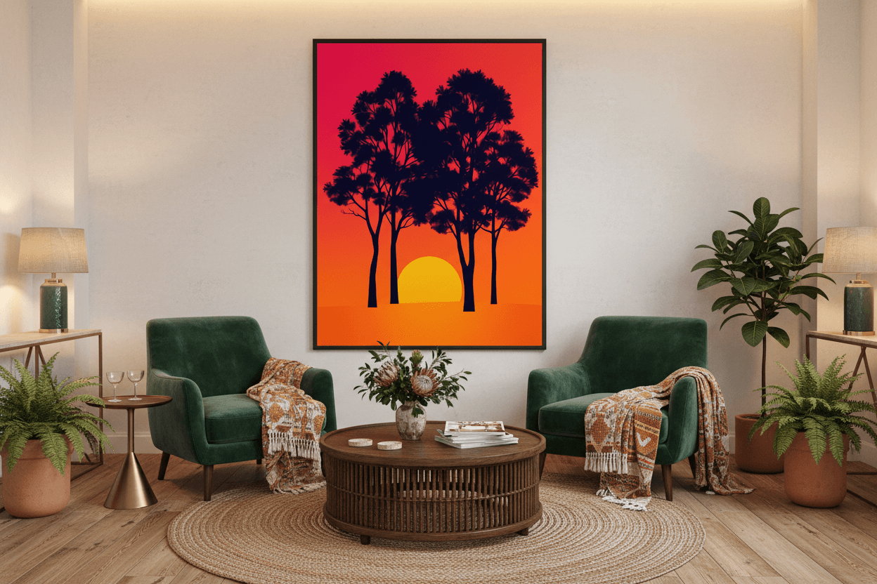 Framed tree silhouette wall art with red-orange sky and yellow sun, black frame