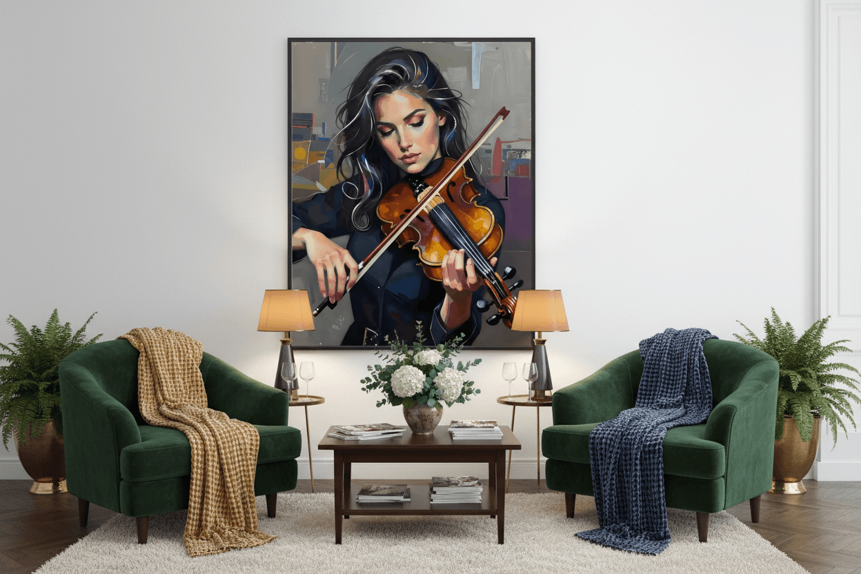 Framed print of young woman playing violin, long dark hair, bow in hand