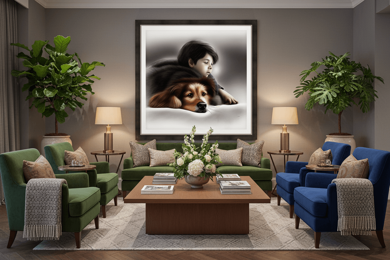 Framed wall art with a child leaning on a brown-and-black dog’s head, soft gray