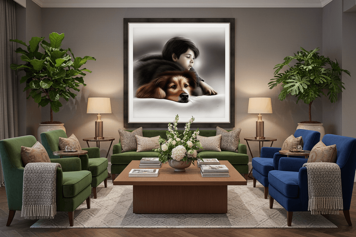 Framed wall art with a child leaning on a brown-and-black dog’s head, soft gray