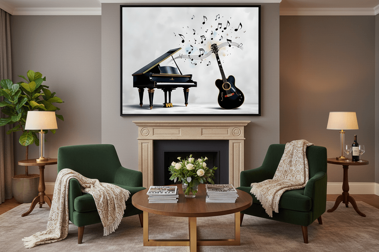 Framed musical wall art with black piano, acoustic guitar, and floating sheet-music notes
