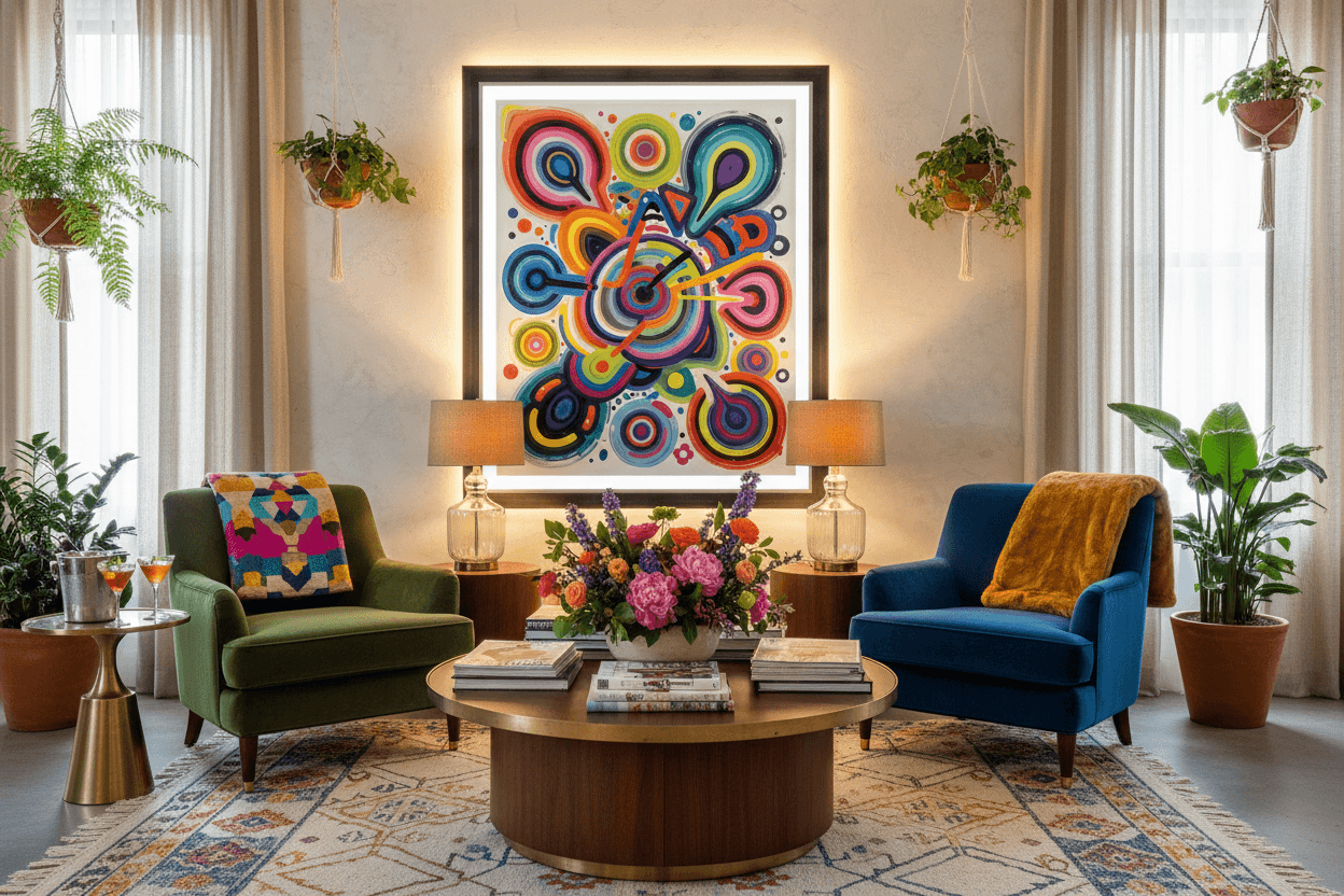 Framed abstract wall art featuring multicolor circular swirl shapes
