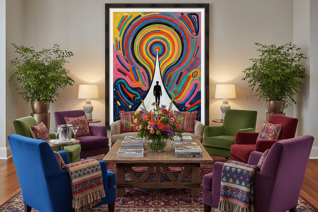 Framed rainbow vortex artwork on a wall with concentric swirl tunnel and central silhouette