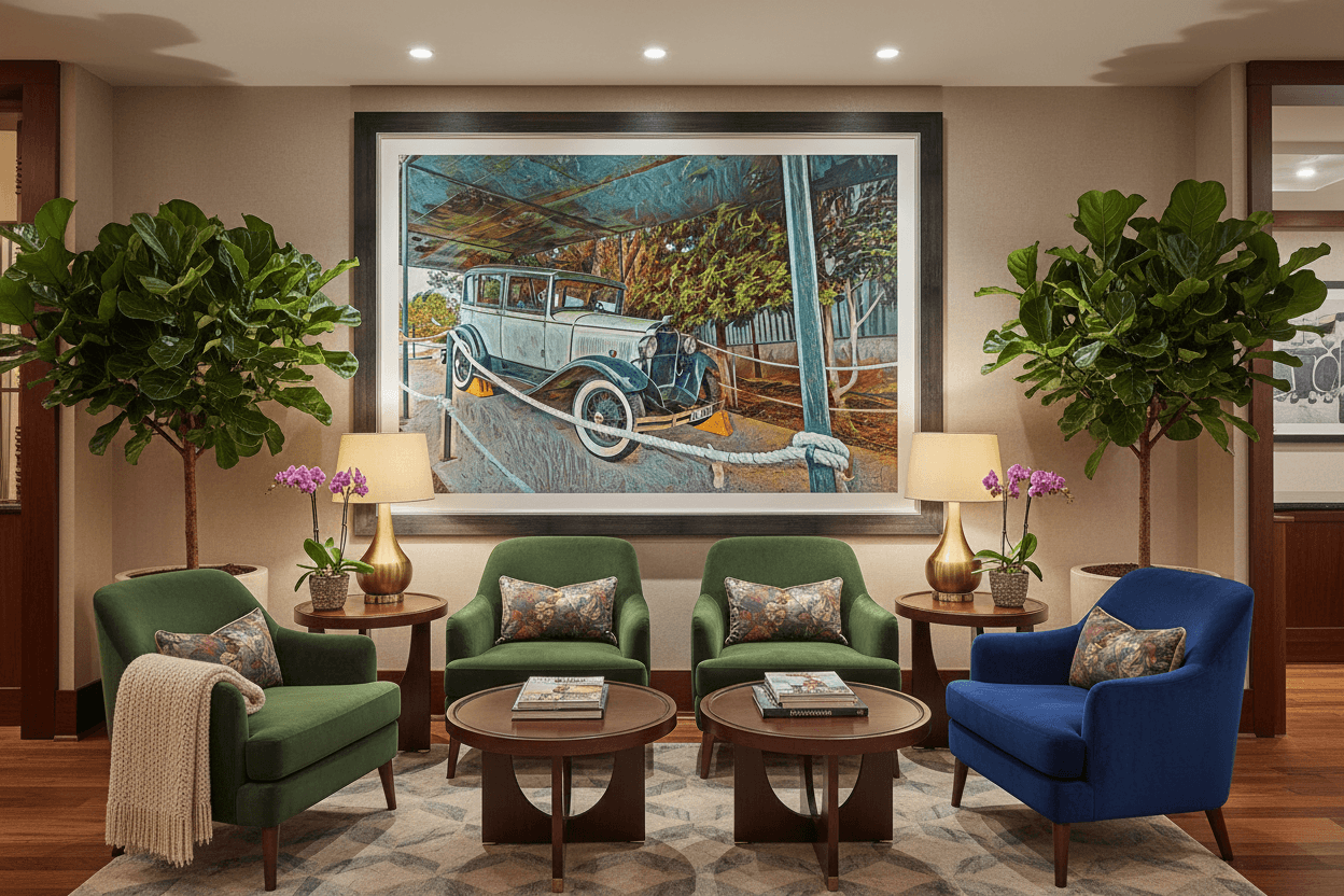 Framed vintage car wall art print above green sofa in a living room