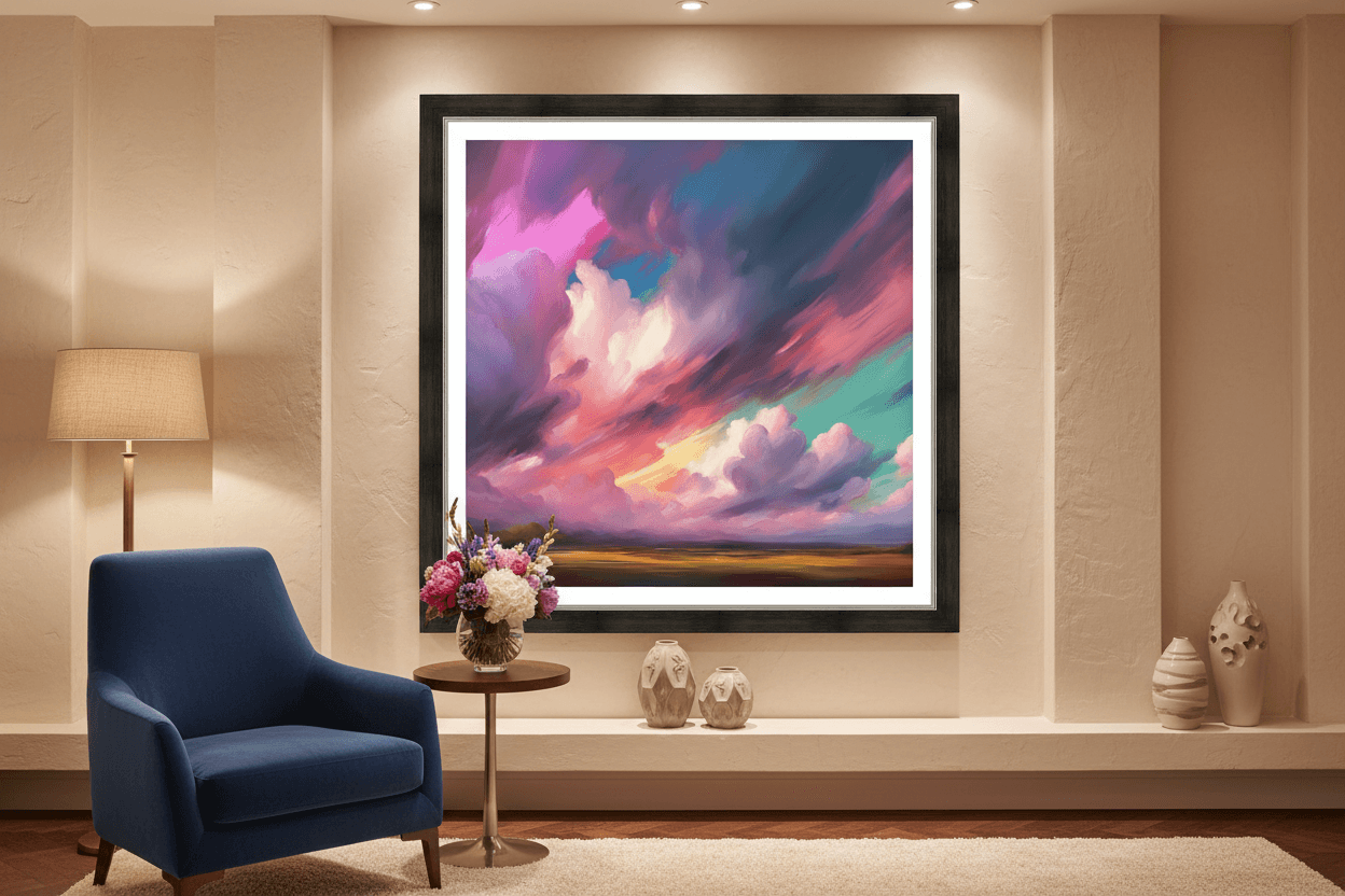 Dramatic clouds framed wall art with colorful billowing clouds and sunset band