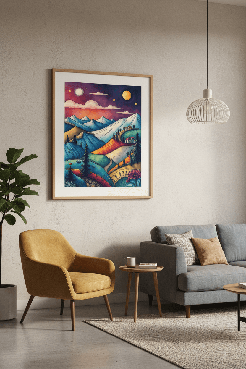 Framed abstract landscape print with blue hills, winding road, and starry night sky