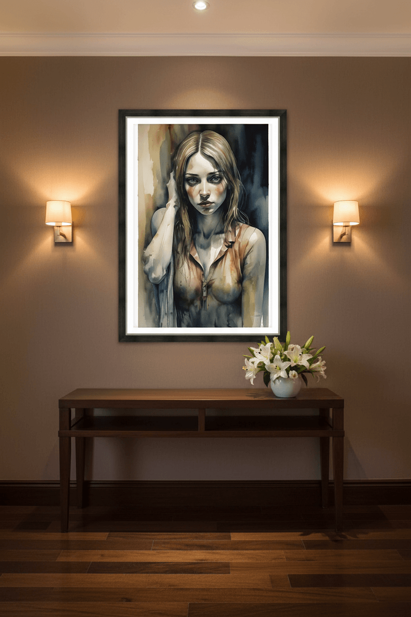 Framed watercolor portrait of a woman touching her hair, muted blue and tan