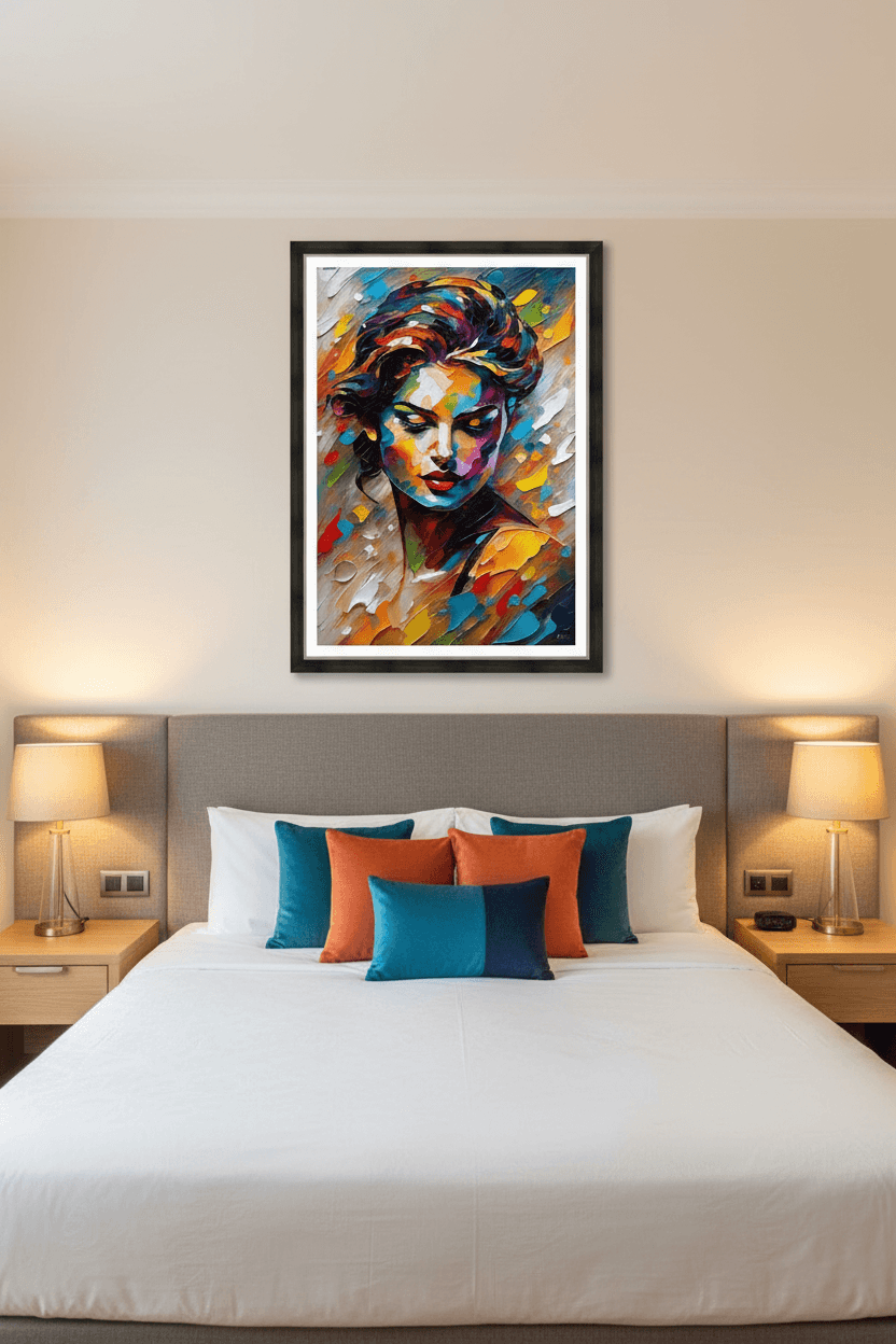 Framed abstract expressionist portrait print with colorful painted female face