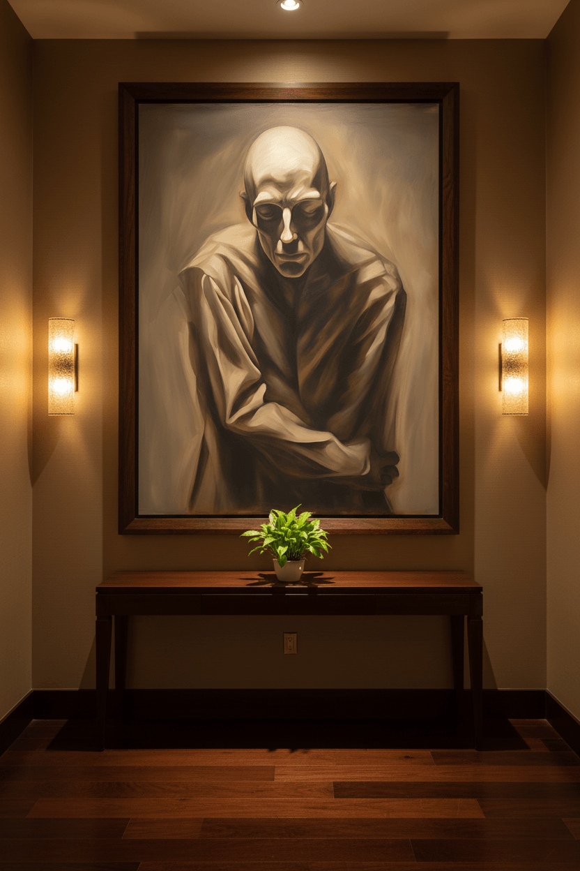 Framed monochrome skull portrait artwork, centered robed figure with arms crossed