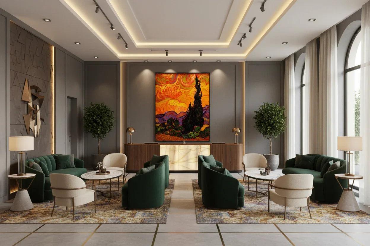 Framed landscape wall art with tall pine trees, orange clouds, and colorful hills