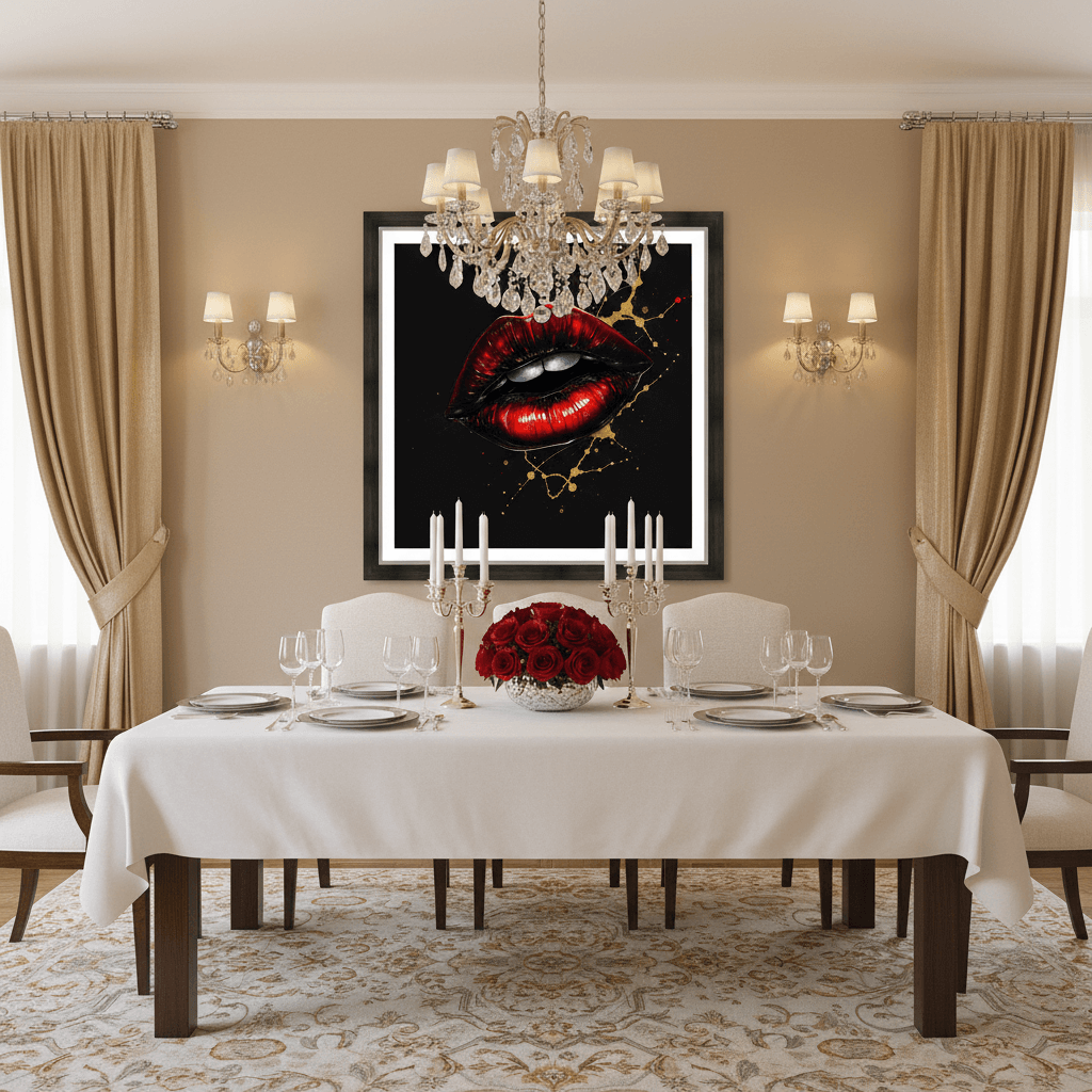 Framed red lips artwork with gold splatter and hanging bead accents on black