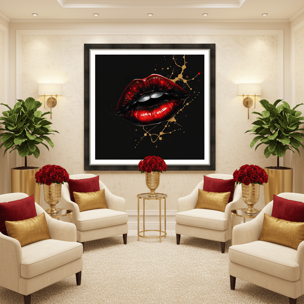Framed red lips wall art with gold splatter and dangling bead shapes on black