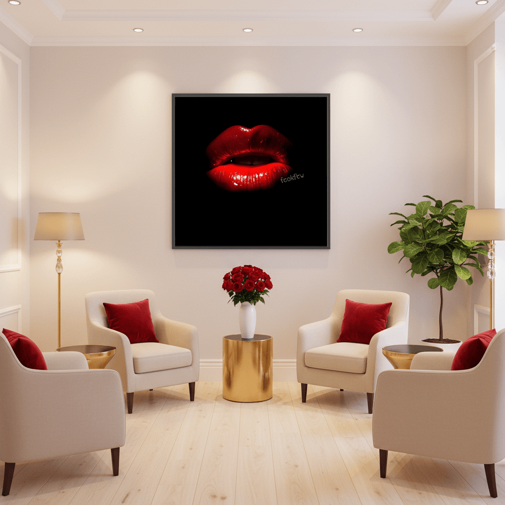 Framed wall art with glossy red lips on black background, black frame