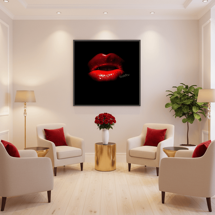 Framed wall art with glossy red lips on black background, black frame