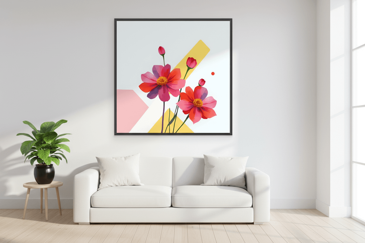 Black-framed floral wall art with pink and red flowers and abstract geometric accents