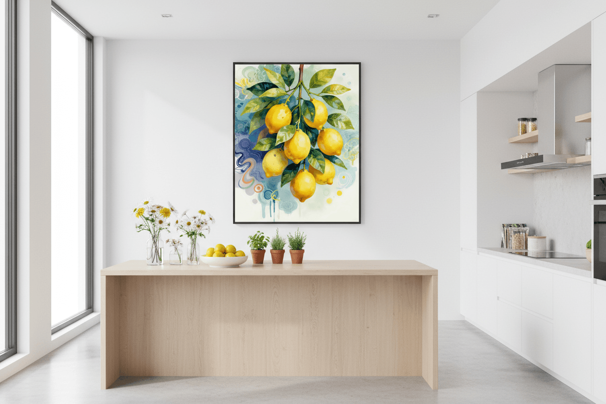 Lemon branch wall art with yellow lemons and green leaves in a black-framed print