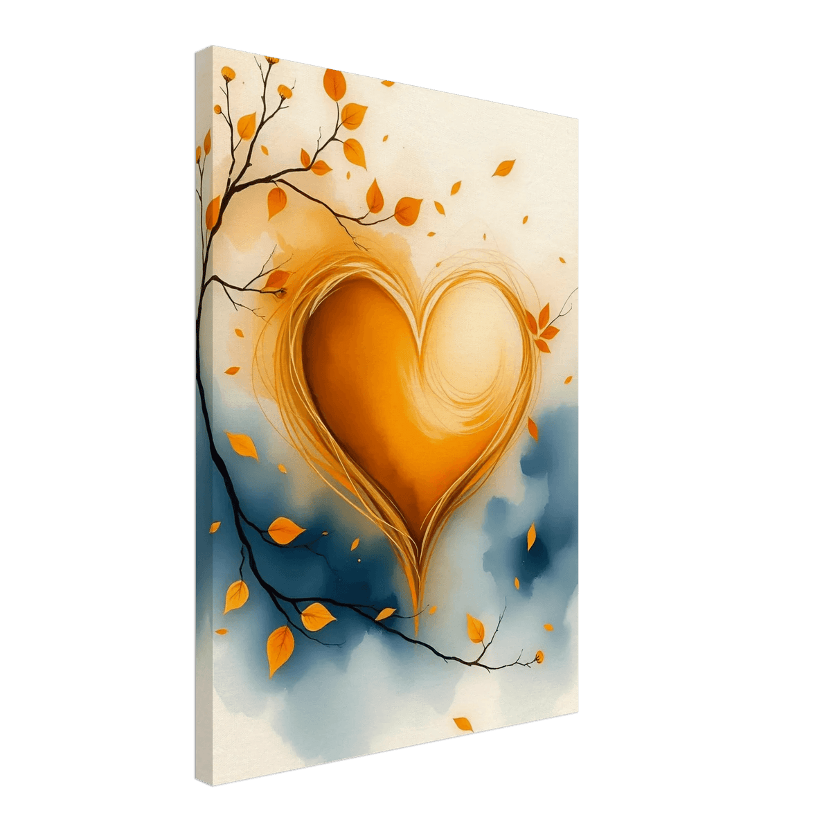 Canvas gallery wrap watercolor art featuring an orange heart with soft cream highlight and leaf accents.