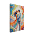 Canvas print side view of a romantic couple with flowing red and blue dress tones