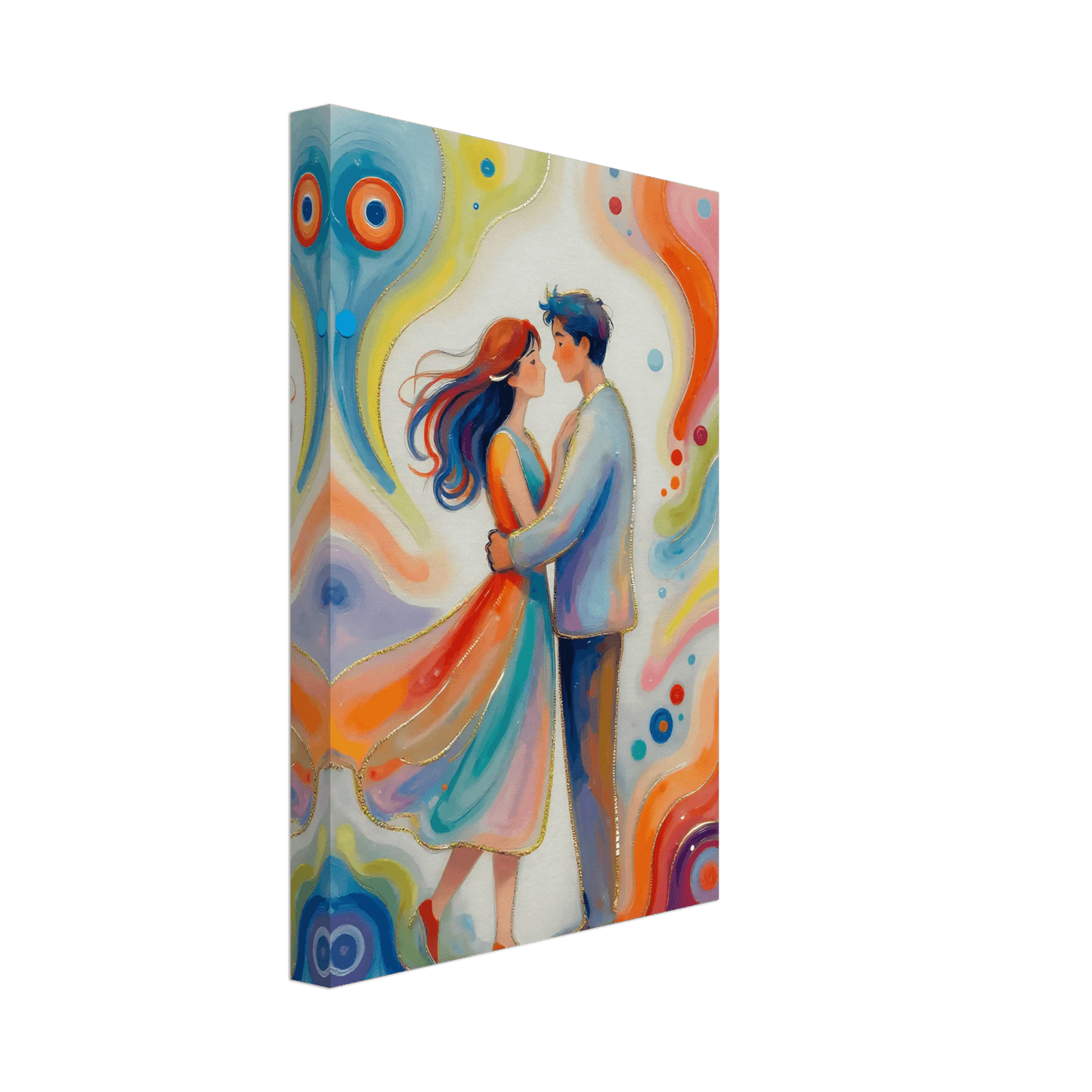 Canvas print side view of a romantic couple with flowing red and blue dress tones