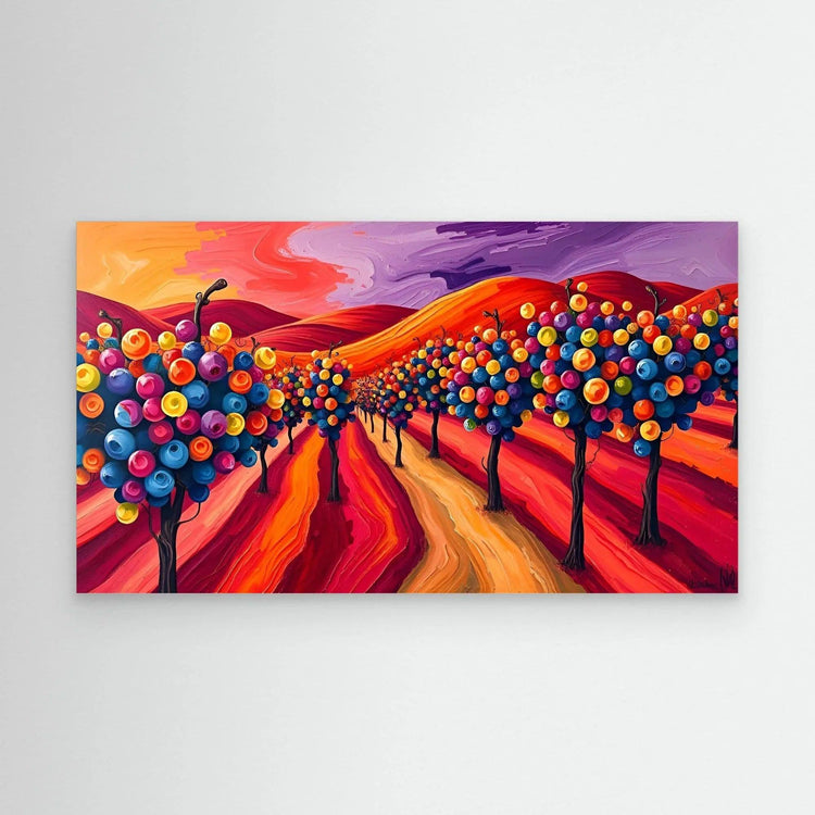 Framed orchard landscape wall art with colorful fruit trees and winding path.