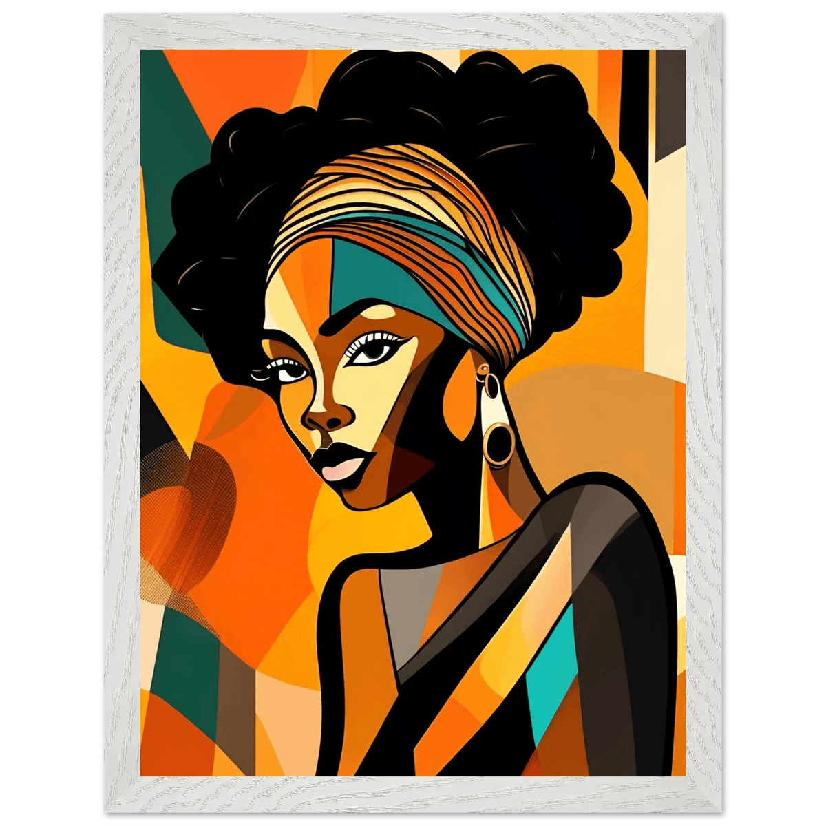 Framed portrait print of a woman with black curly hair, striped headwrap, hoop earrings, and bold face