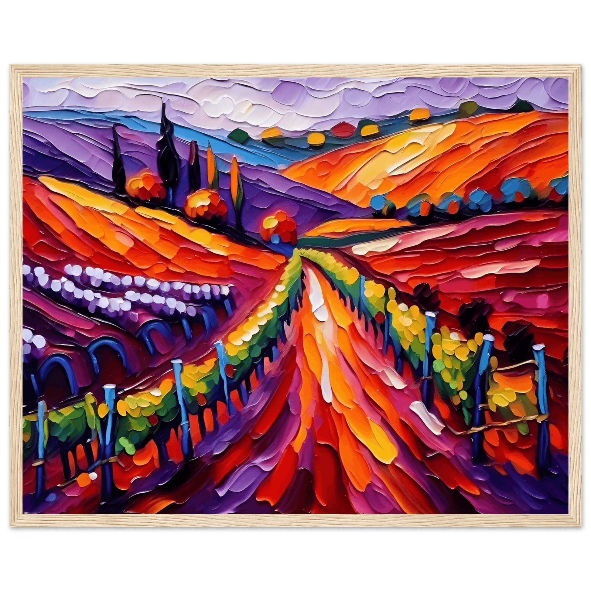 Vibrant textured vineyard landscape wall art in light wood frame, red, orange, purple and blue