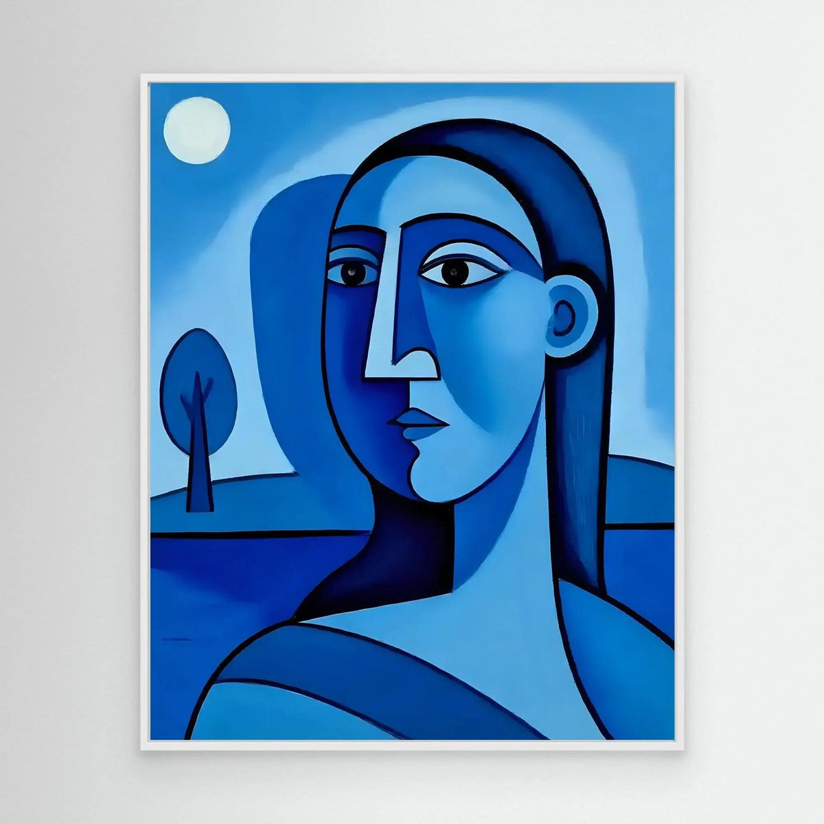 Abstract blue portrait wall art with white frame, featuring a stylized woman profile.