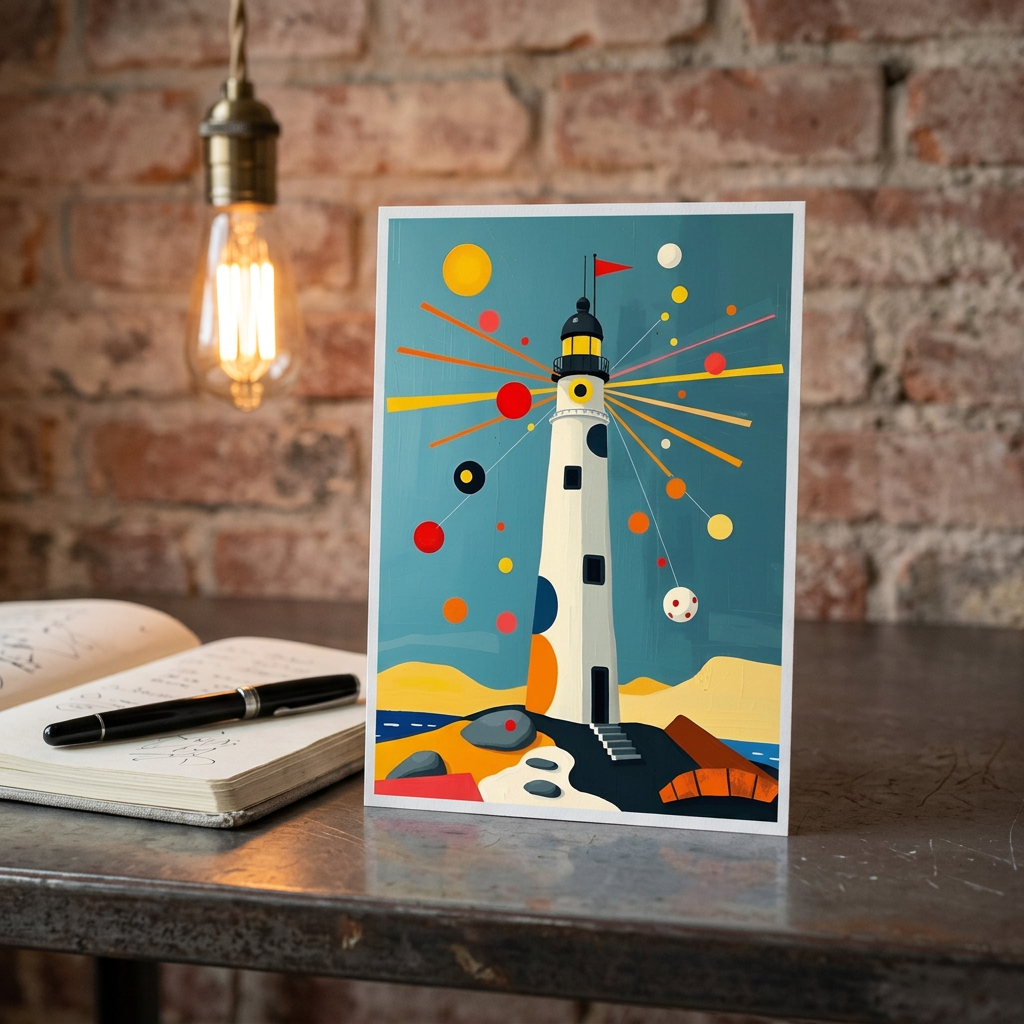 Geometric lighthouse art postcard featuring lighthouse with red flag, vibrant rays, and dots