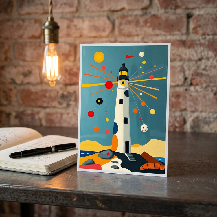 Geometric lighthouse art postcard featuring lighthouse with red flag, vibrant rays, and dots