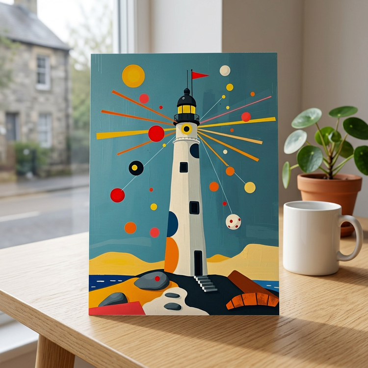 Geometric lighthouse art postcard with lighthouse, red flag, shoreline shapes, and bright rays