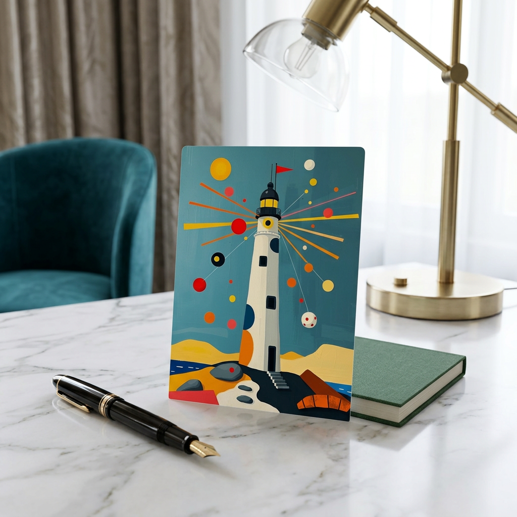 Geometric lighthouse art postcard with teal sky, red flag lighthouse and scattered circles