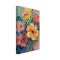 Abstract floral canvas wall art with multicolor blossoms and dotted, spiral decorative accents