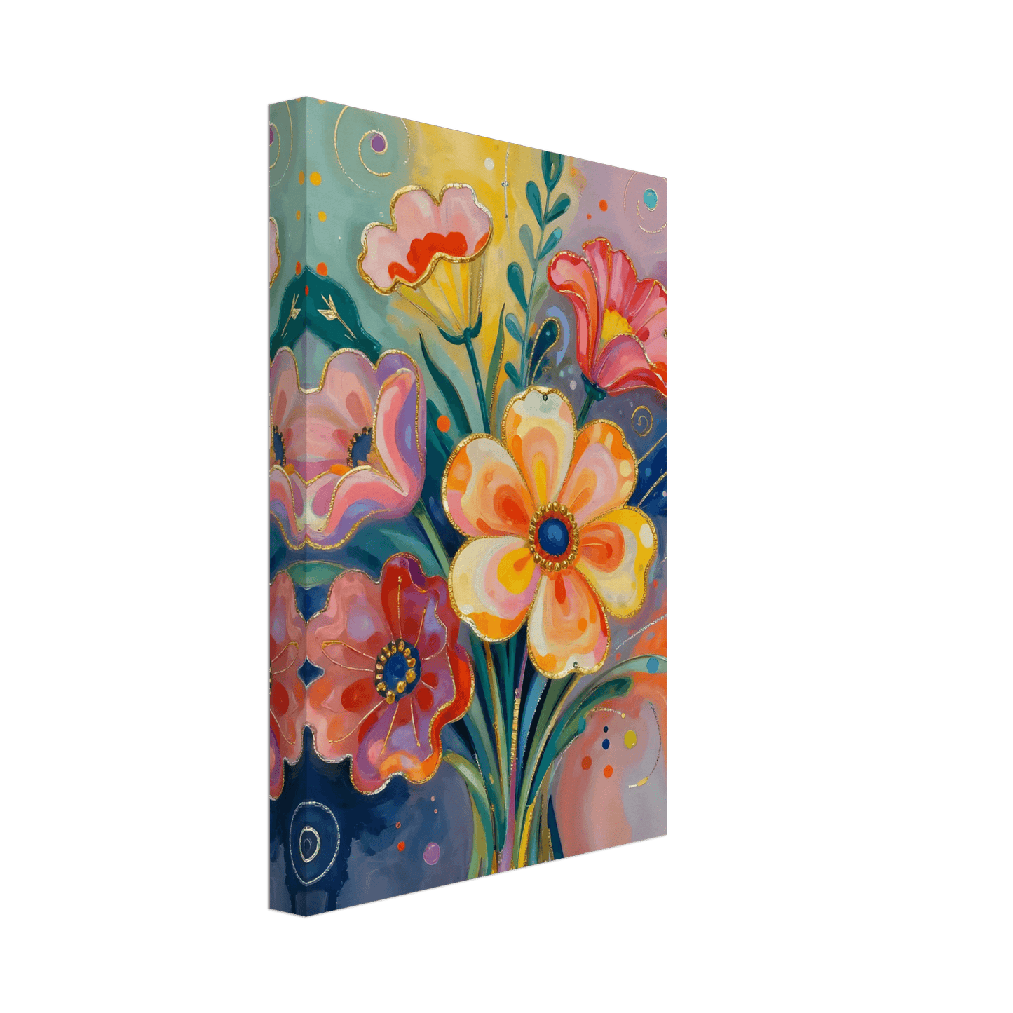 Abstract floral canvas wall art with multicolor blossoms and dotted, spiral decorative accents