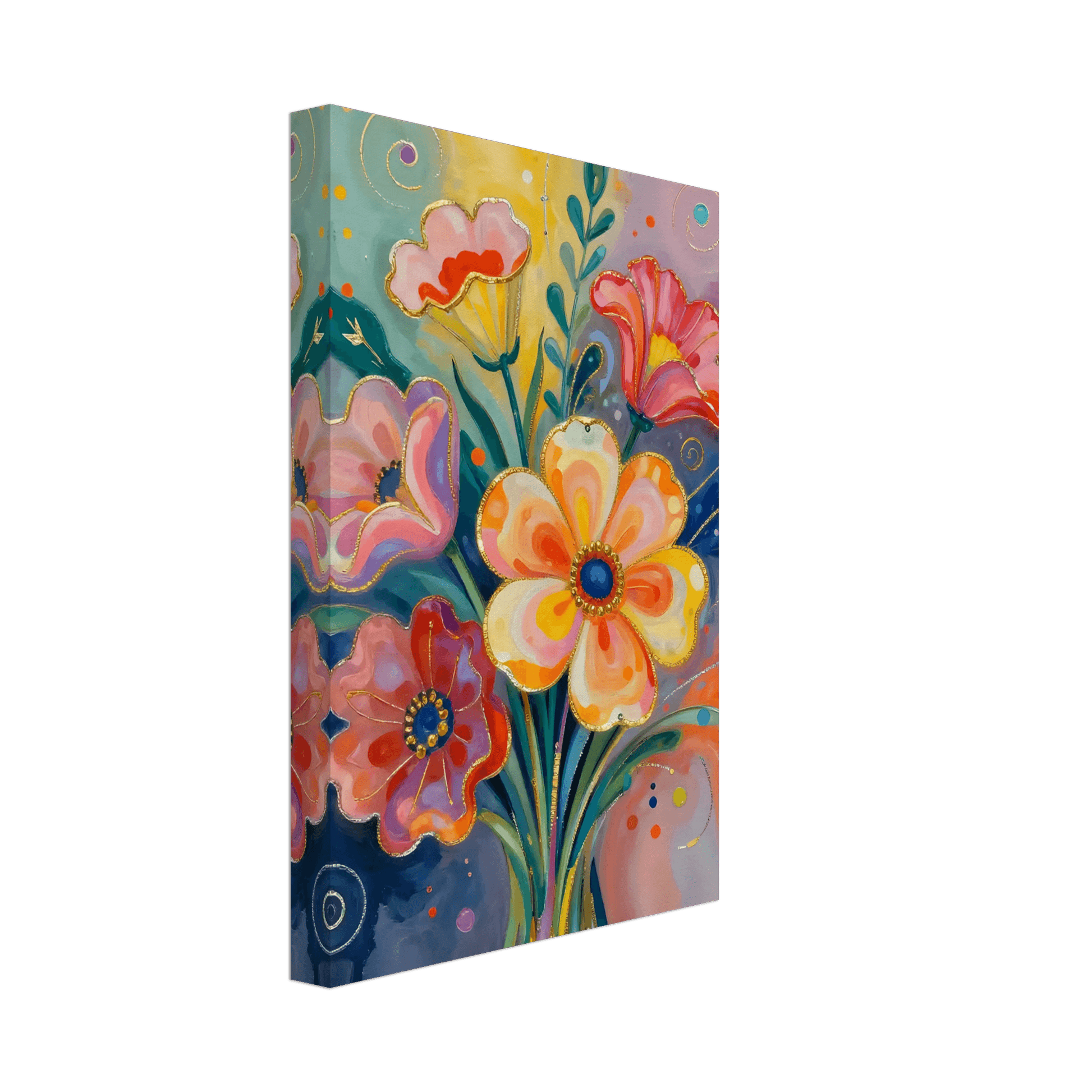 Abstract floral canvas wall art with multicolor blossoms and dotted, spiral decorative accents