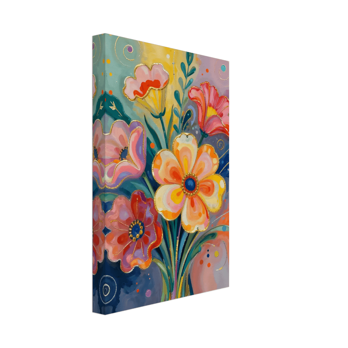 Abstract floral canvas wall art with multicolor blossoms and dotted, spiral decorative accents