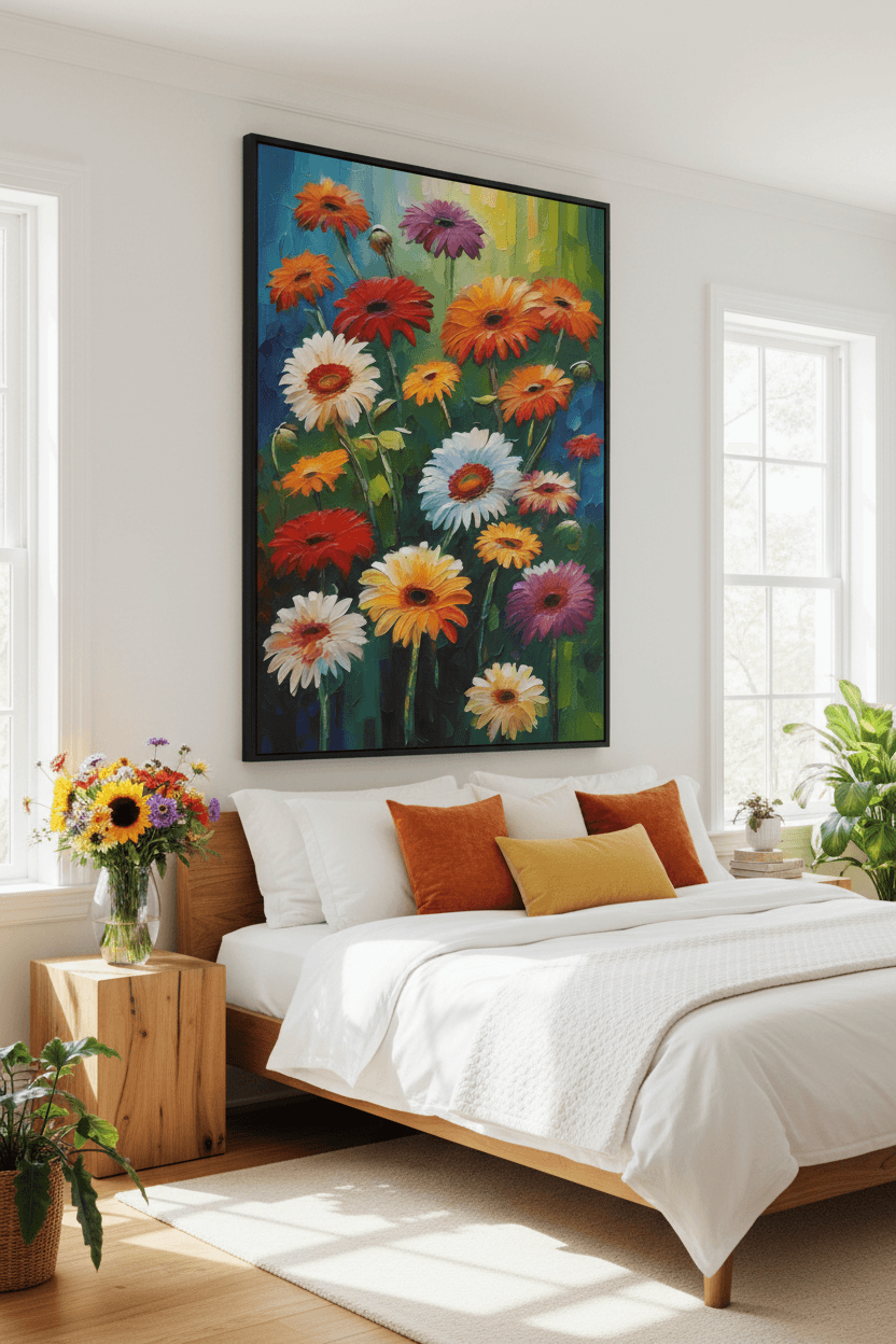 Framed textured gerbera floral art with colorful red, orange, pink, and white blooms
