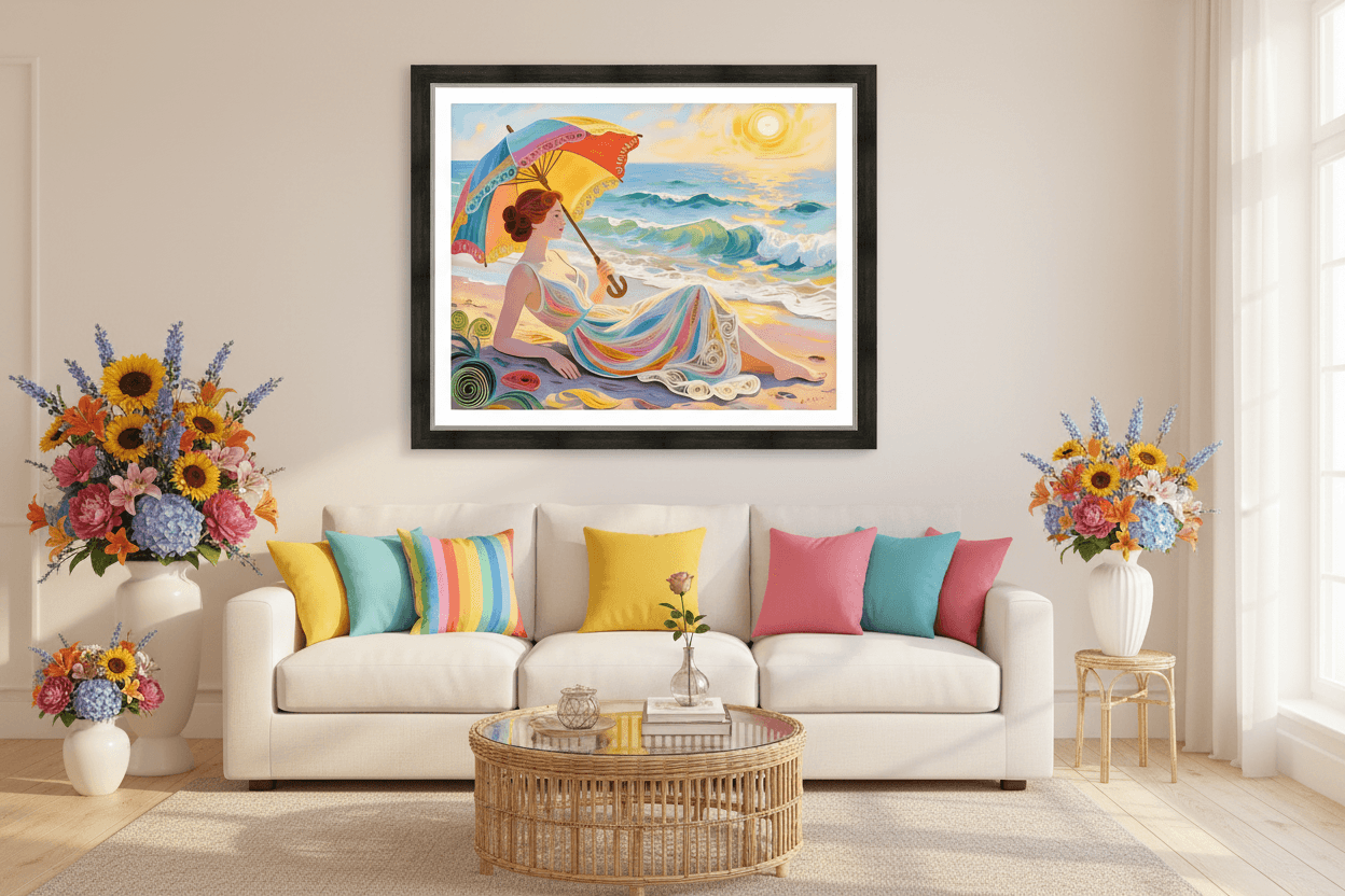 Framed beachwoman art print with a colorful umbrella over a seated figure by the sea.