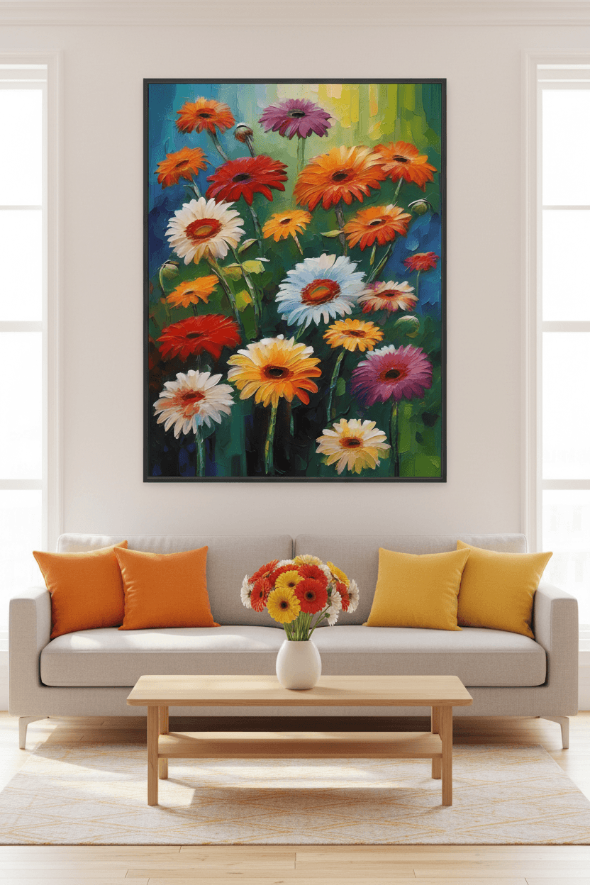 Framed textured gerbera floral art with orange, pink, and white flowers