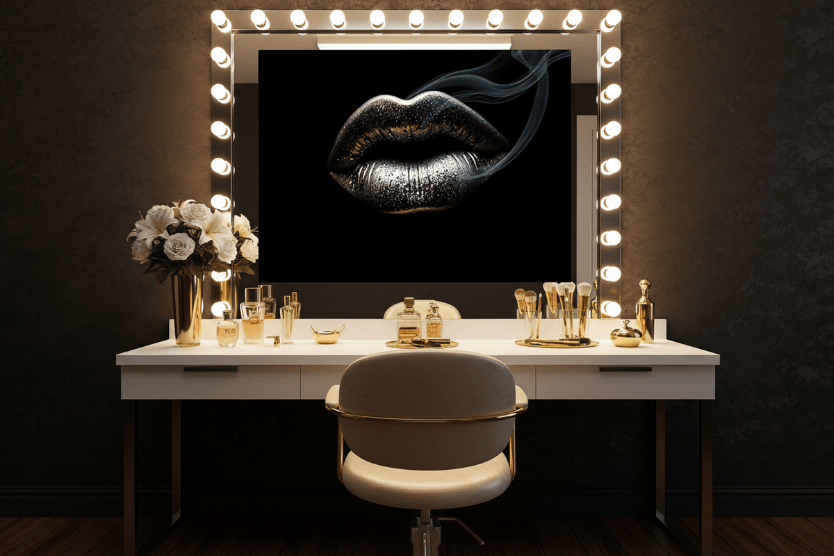 Framed metallic silver lips art with smoke curl above vanity setup