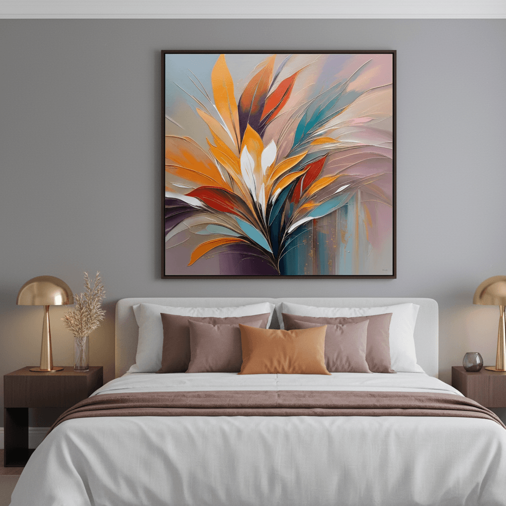 Framed abstract botanical wall art with orange, teal, and red feather-like leaves