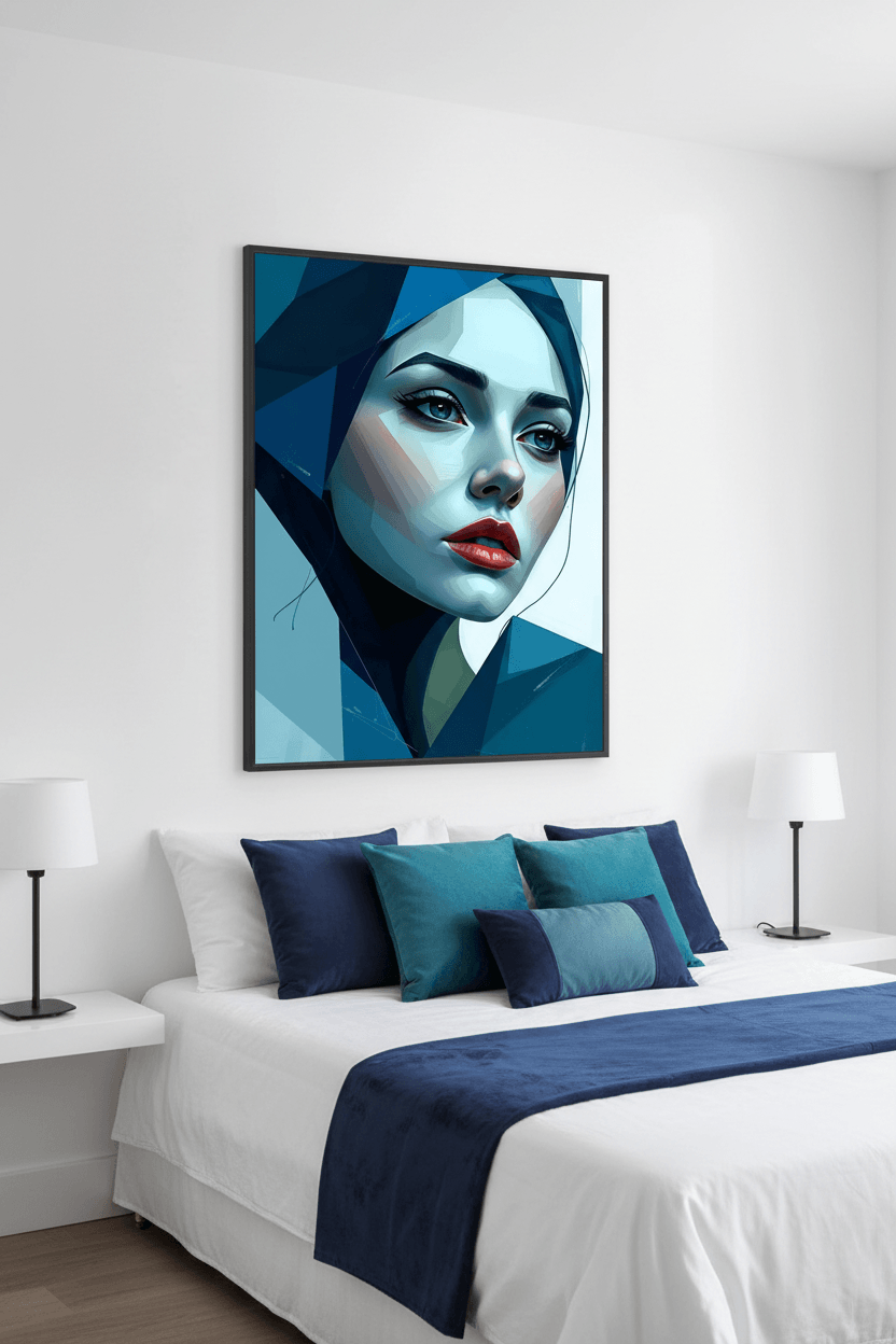 Framed geometric blue woman portrait wall art with dark frame